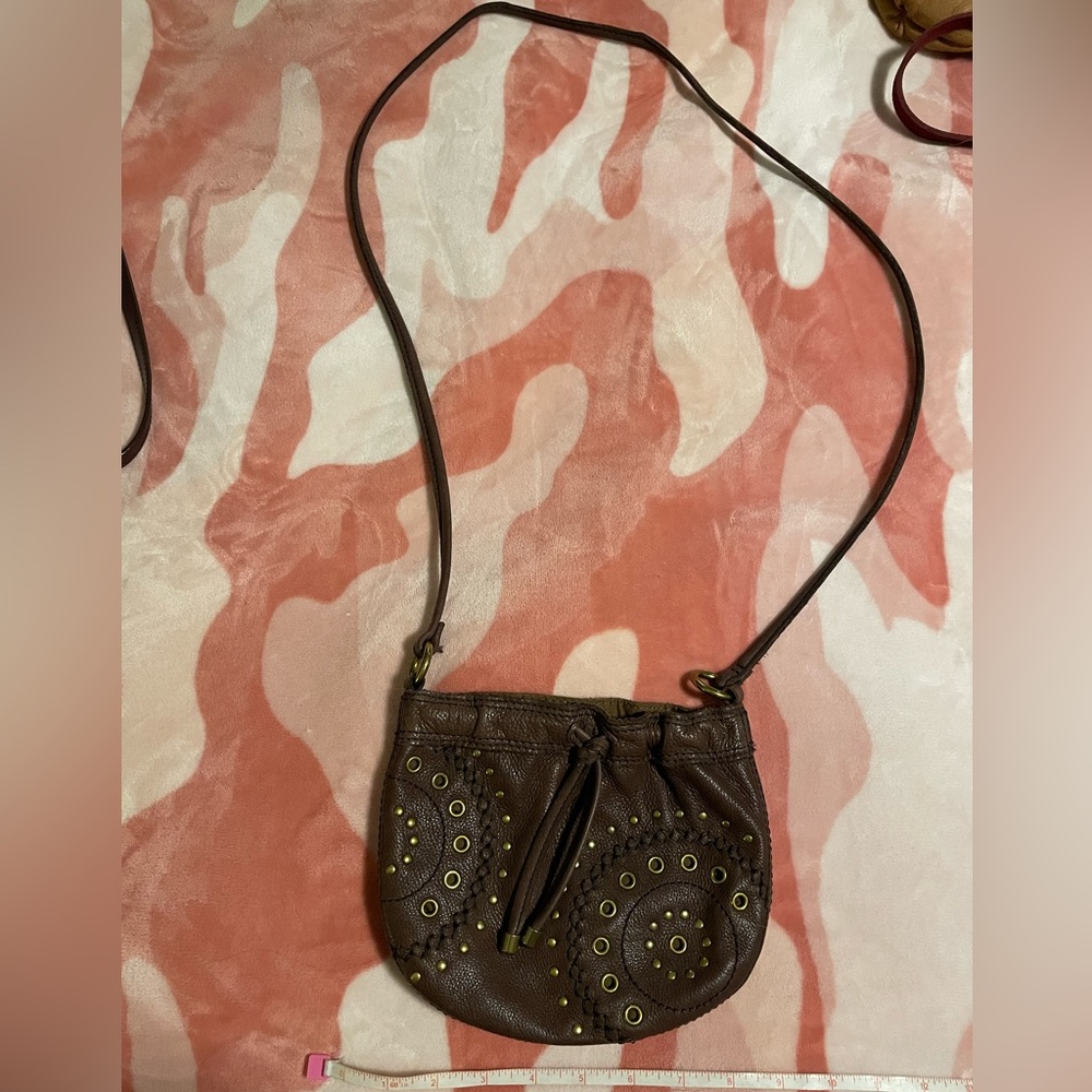FOSSIL Brown Pebbled Leather Studded Drawstring Crossbody Bag